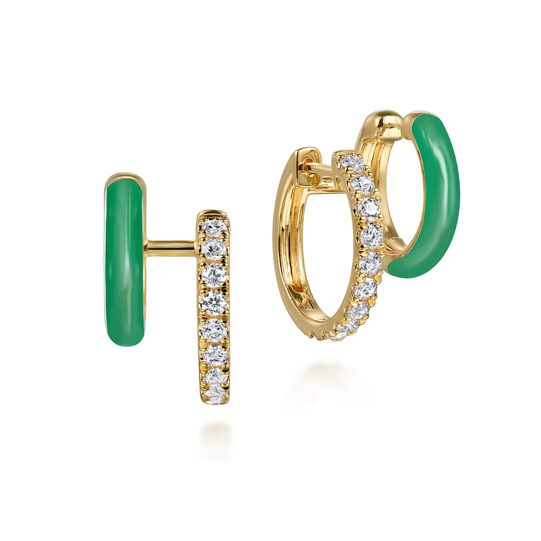 Enamel - 14K Yellow Gold Diamond Stuggeis with Emerald Green Enamel - 0.55 ct - Shot 1