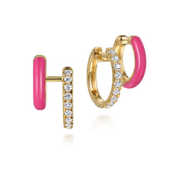 14K Yellow Gold Diamond Stuggeis with Fuchsia Enamel