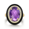 Enamel - 14K Yellow Gold Diamond and Amethyst Cocktail Ring with Black Enamel - 0.24 ct