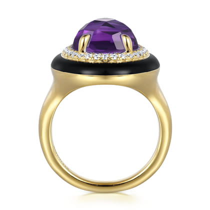 Enamel - 14K Yellow Gold Diamond and Amethyst Cocktail Ring with Black Enamel