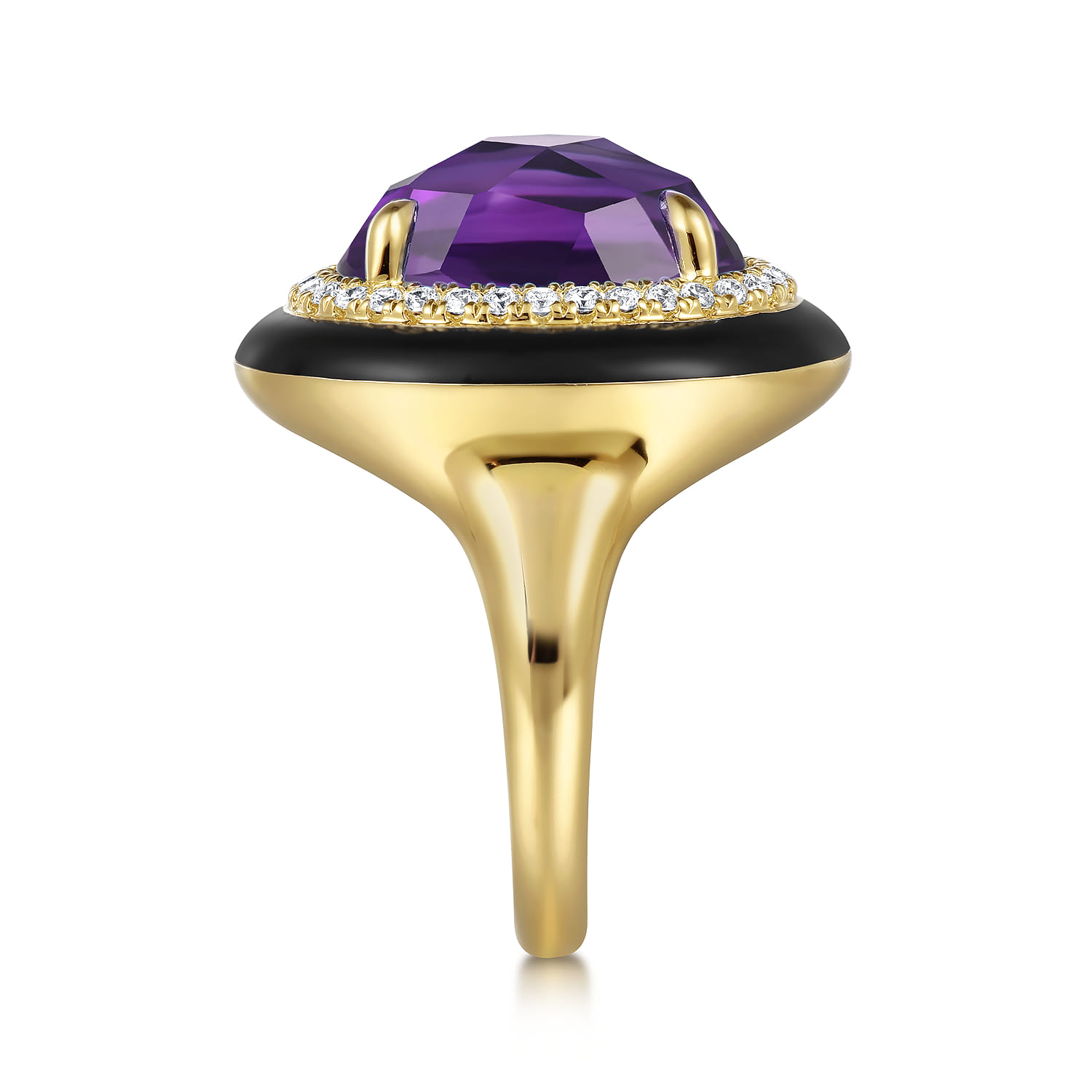 Enamel - 14K Yellow Gold Diamond and Amethyst Cocktail Ring with Black Enamel
