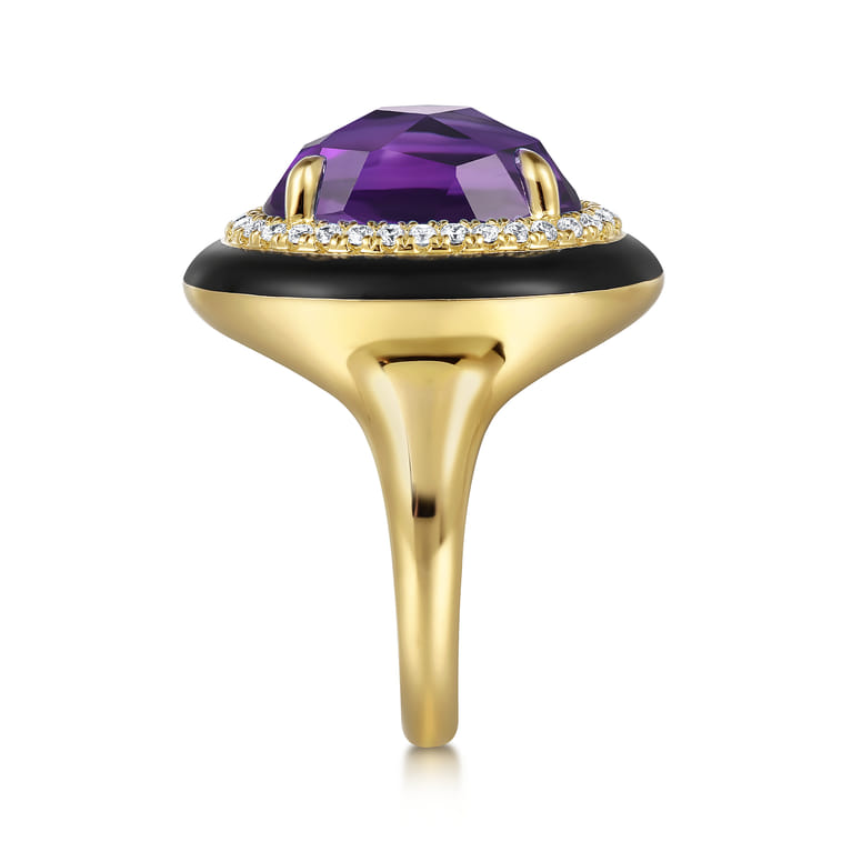 Enamel - 14K Yellow Gold Diamond and Amethyst Cocktail Ring with Black Enamel - 0.24 ct - Shot 4