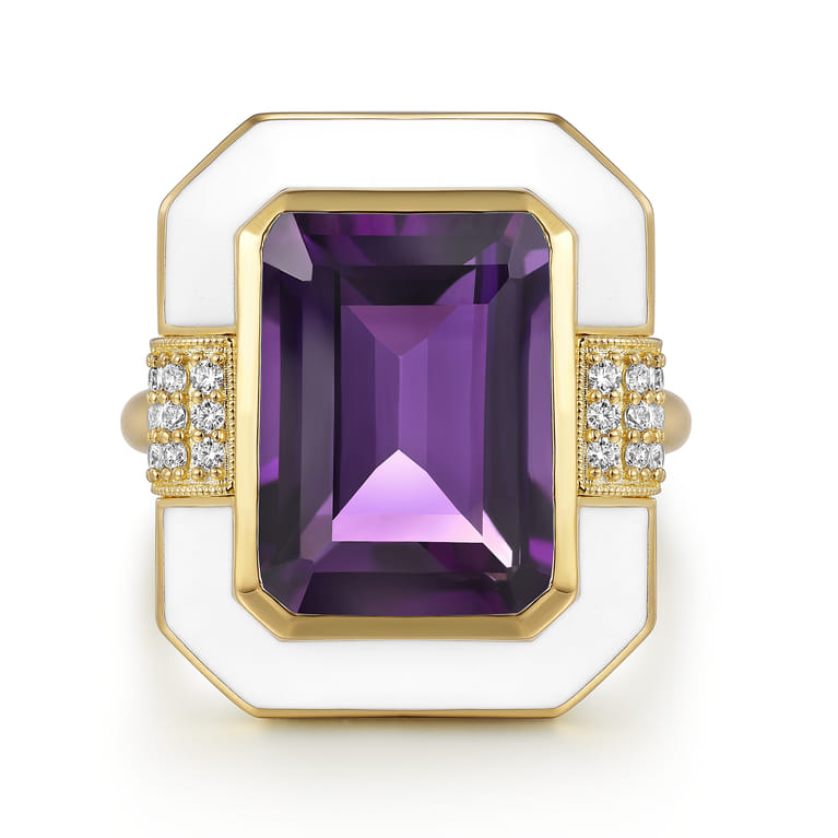 Enamel - 14K Yellow Gold Diamond and Amethyst Cocktail Ring with White Enamel - 0.14 ct - Shot 1