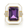 Enamel - 14K Yellow Gold Diamond and Amethyst Cocktail Ring with White Enamel - 0.14 ct