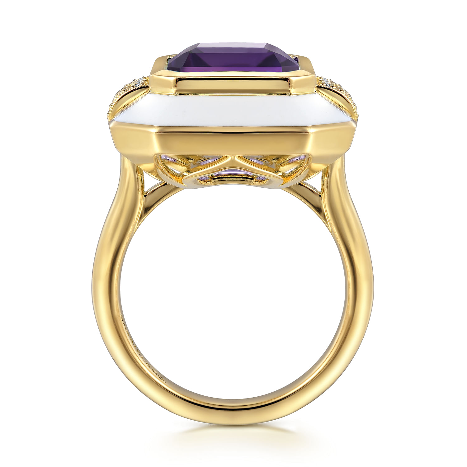 Enamel - 14K Yellow Gold Diamond and Amethyst Cocktail Ring with White Enamel