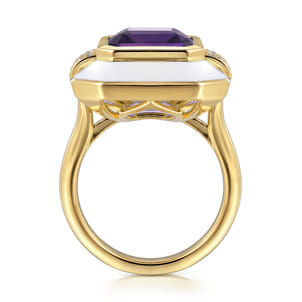 Enamel - 14K Yellow Gold Diamond and Amethyst Cocktail Ring with White Enamel