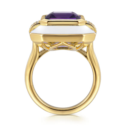Enamel - 14K Yellow Gold Diamond and Amethyst Cocktail Ring with White Enamel