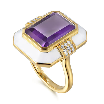 Enamel - 14K Yellow Gold Diamond and Amethyst Cocktail Ring with White Enamel