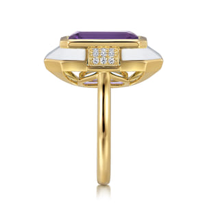 Enamel - 14K Yellow Gold Diamond and Amethyst Cocktail Ring with White Enamel