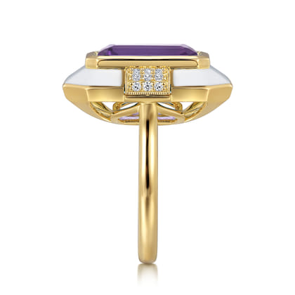 Enamel - 14K Yellow Gold Diamond and Amethyst Cocktail Ring with White Enamel