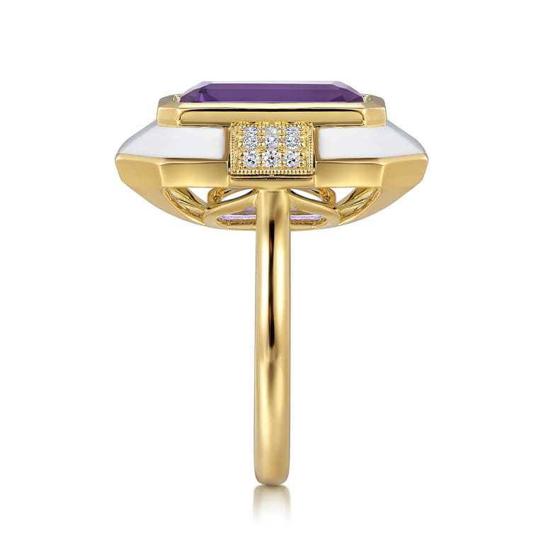 Enamel - 14K Yellow Gold Diamond and Amethyst Cocktail Ring with White Enamel - 0.14 ct - Shot 4