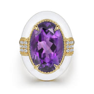 Enamel - 14K Yellow Gold Diamond and Amethyst Cocktail Ring with White Enamel