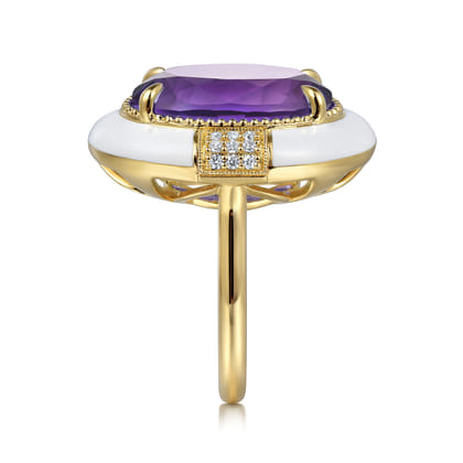 Enamel - 14K Yellow Gold Diamond and Amethyst Cocktail Ring with White Enamel
