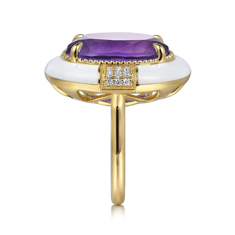 Enamel - 14K Yellow Gold Diamond and Amethyst Cocktail Ring with White Enamel