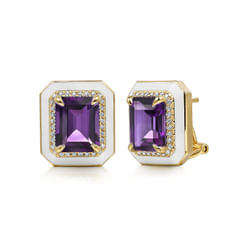 Enamel - 14K Yellow Gold Diamond and Amethyst Earrings with White Enamel