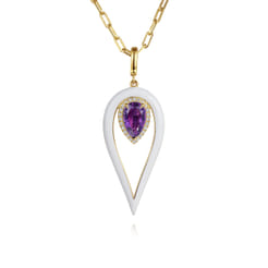 Enamel - 14K Yellow Gold Diamond and Amethyst Long Pear Shape Drop Necklace With White Enamel