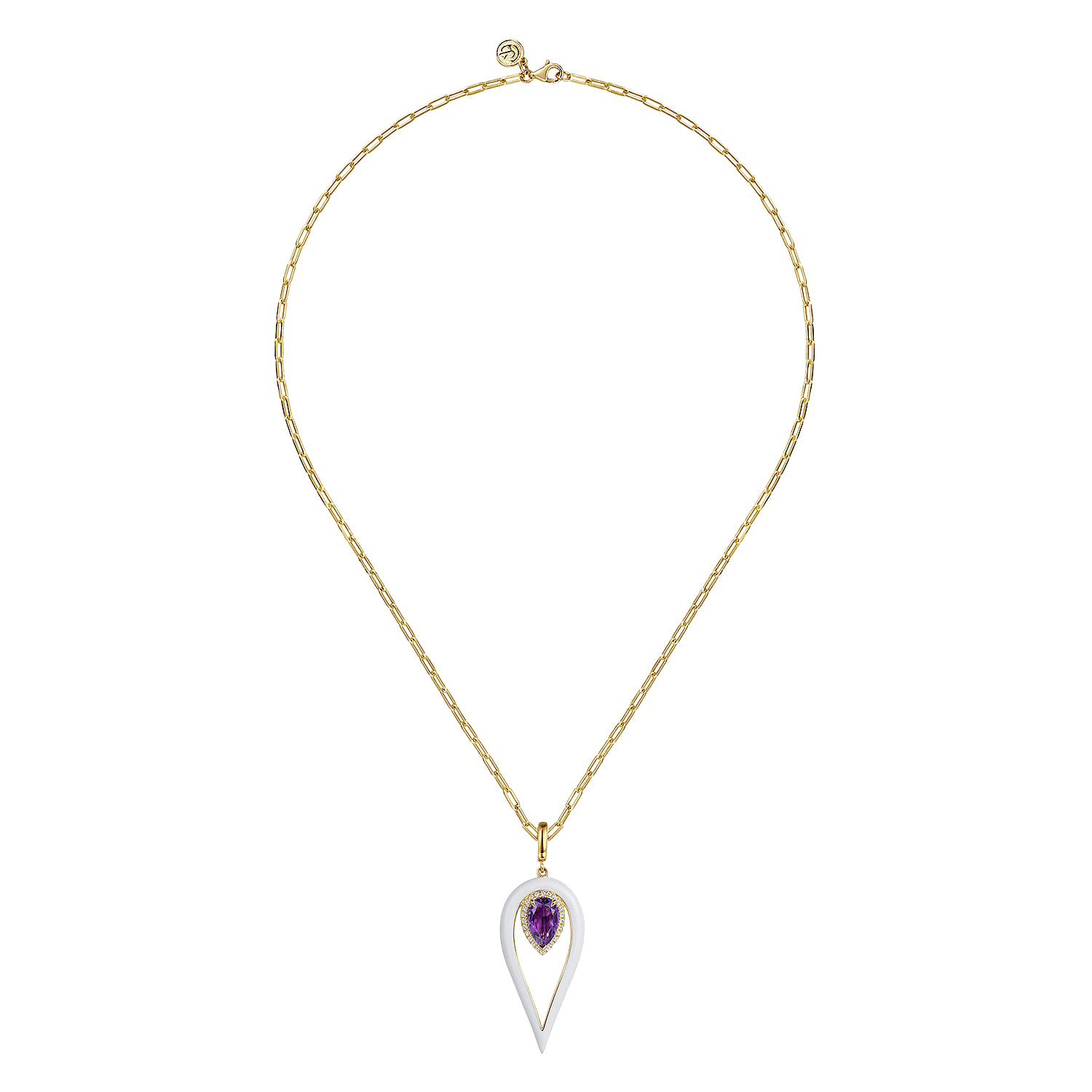 Enamel - 14K Yellow Gold Diamond and Amethyst Long Pear Shape Drop Necklace With White Enamel
