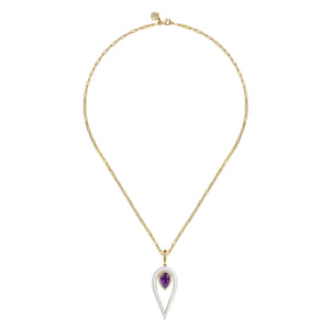 Enamel - 14K Yellow Gold Diamond and Amethyst Long Pear Shape Drop Necklace With White Enamel