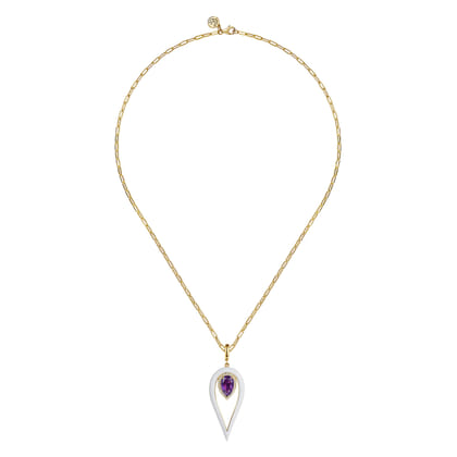 Enamel - 14K Yellow Gold Diamond and Amethyst Long Pear Shape Drop Necklace With White Enamel