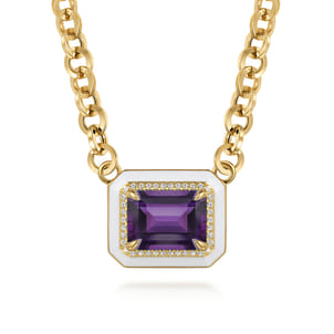 Enamel - 14K Yellow Gold Diamond and Amethyst Necklace With Flower Pattern J-Back and White Enamel