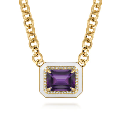 Enamel - 14K Yellow Gold Diamond and Amethyst Necklace With Flower Pattern J-Back and White Enamel