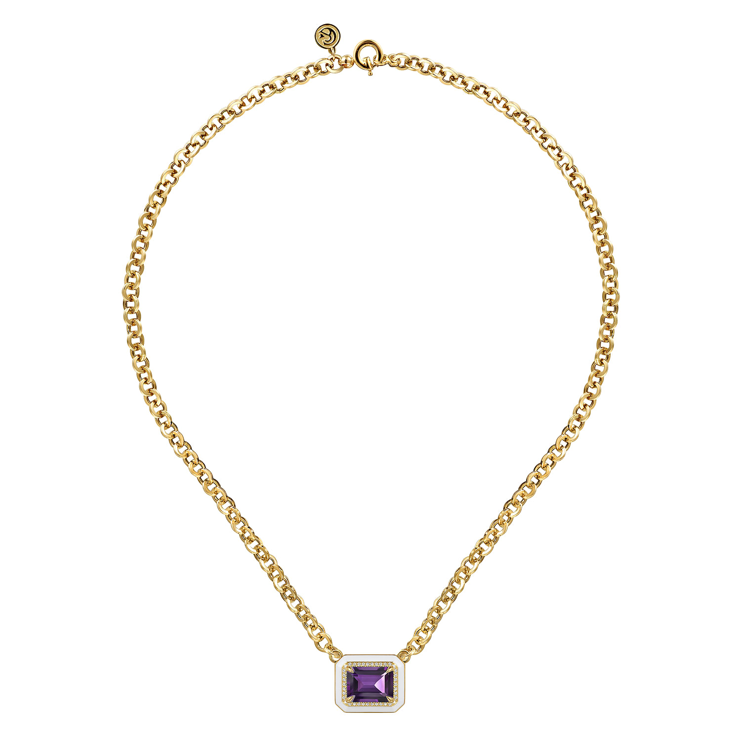 Enamel - 14K Yellow Gold Diamond and Amethyst Necklace With Flower Pattern J-Back and White Enamel