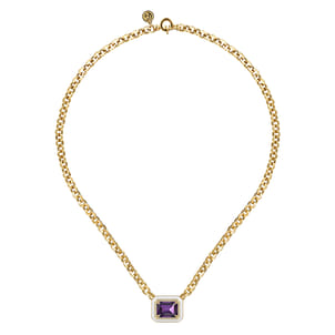 Enamel - 14K Yellow Gold Diamond and Amethyst Necklace With Flower Pattern J-Back and White Enamel