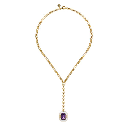 Enamel - 14K Yellow Gold Diamond and Amethyst Y-Layer Necklace With Flower Pattern J-Back and White Enamel