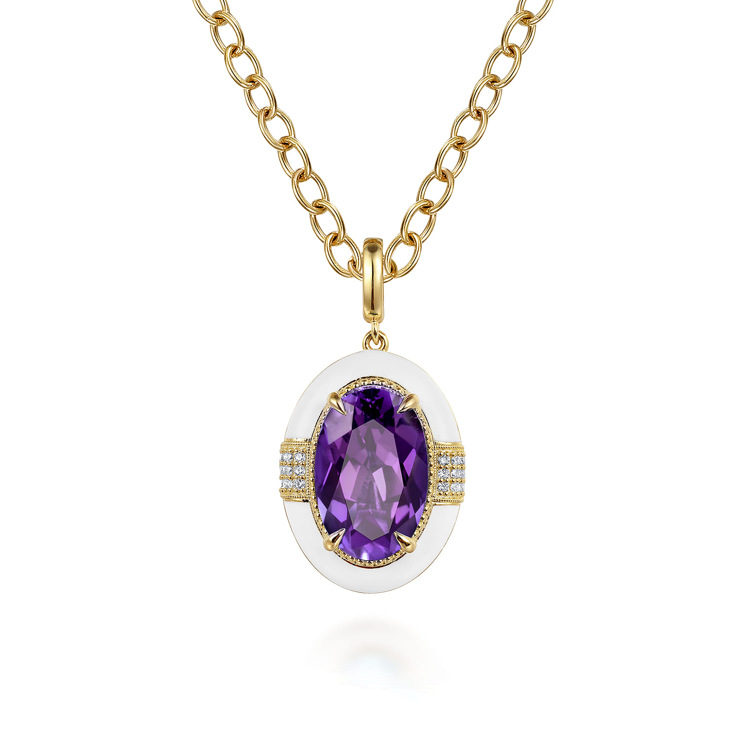 Enamel - 14K Yellow Gold Diamond and Amethyst Y-Layer Necklace With Flower Pattern J-Back and White Enamel