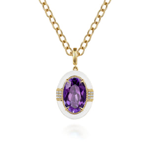 Enamel - 14K Yellow Gold Diamond and Amethyst Y-Layer Necklace With Flower Pattern J-Back and White Enamel