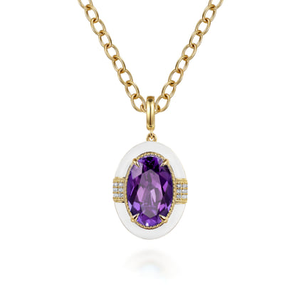 Enamel - 14K Yellow Gold Diamond and Amethyst Y-Layer Necklace With Flower Pattern J-Back and White Enamel