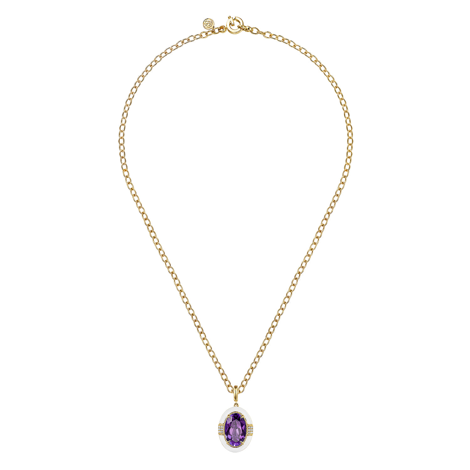 Enamel - 14K Yellow Gold Diamond and Amethyst Y-Layer Necklace With Flower Pattern J-Back and White Enamel
