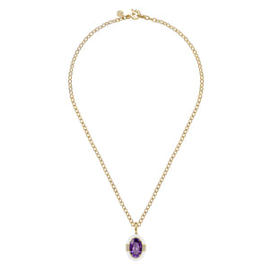 Enamel - 14K Yellow Gold Diamond and Amethyst Y-Layer Necklace With Flower Pattern J-Back and White Enamel