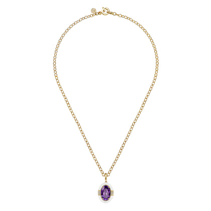 Enamel - 14K Yellow Gold Diamond and Amethyst Y-Layer Necklace With Flower Pattern J-Back and White Enamel