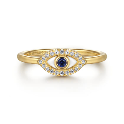 Enamel - 14K Yellow Gold Diamond and Blue Sapphire Evil Eye Stackable with White Enamel
