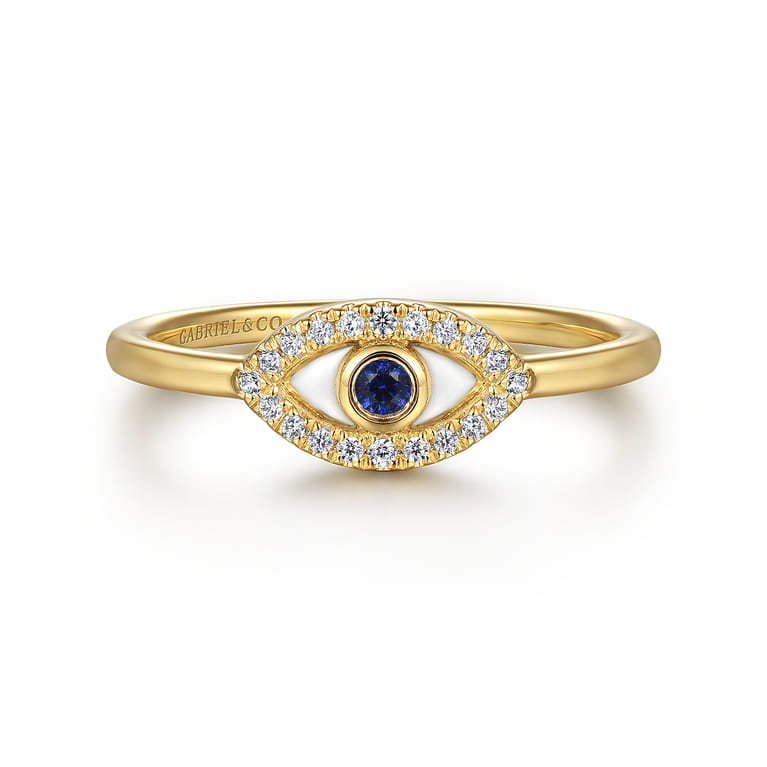 Enamel - 14K Yellow Gold Diamond and Blue Sapphire Evil Eye Stackable with White Enamel - 0.08 ct - Shot 1