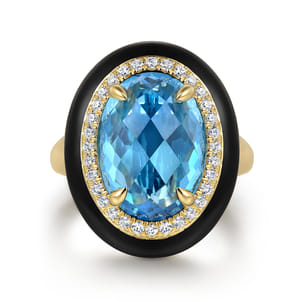 Enamel - 14K Yellow Gold Diamond and Blue Topaz Cocktail Ring with Black Enamel
