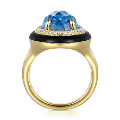 Enamel - 14K Yellow Gold Diamond and Blue Topaz Cocktail Ring with Black Enamel