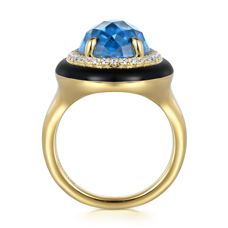 Enamel - 14K Yellow Gold Diamond and Blue Topaz Cocktail Ring with Black Enamel - 0.24 ct - Shot 2