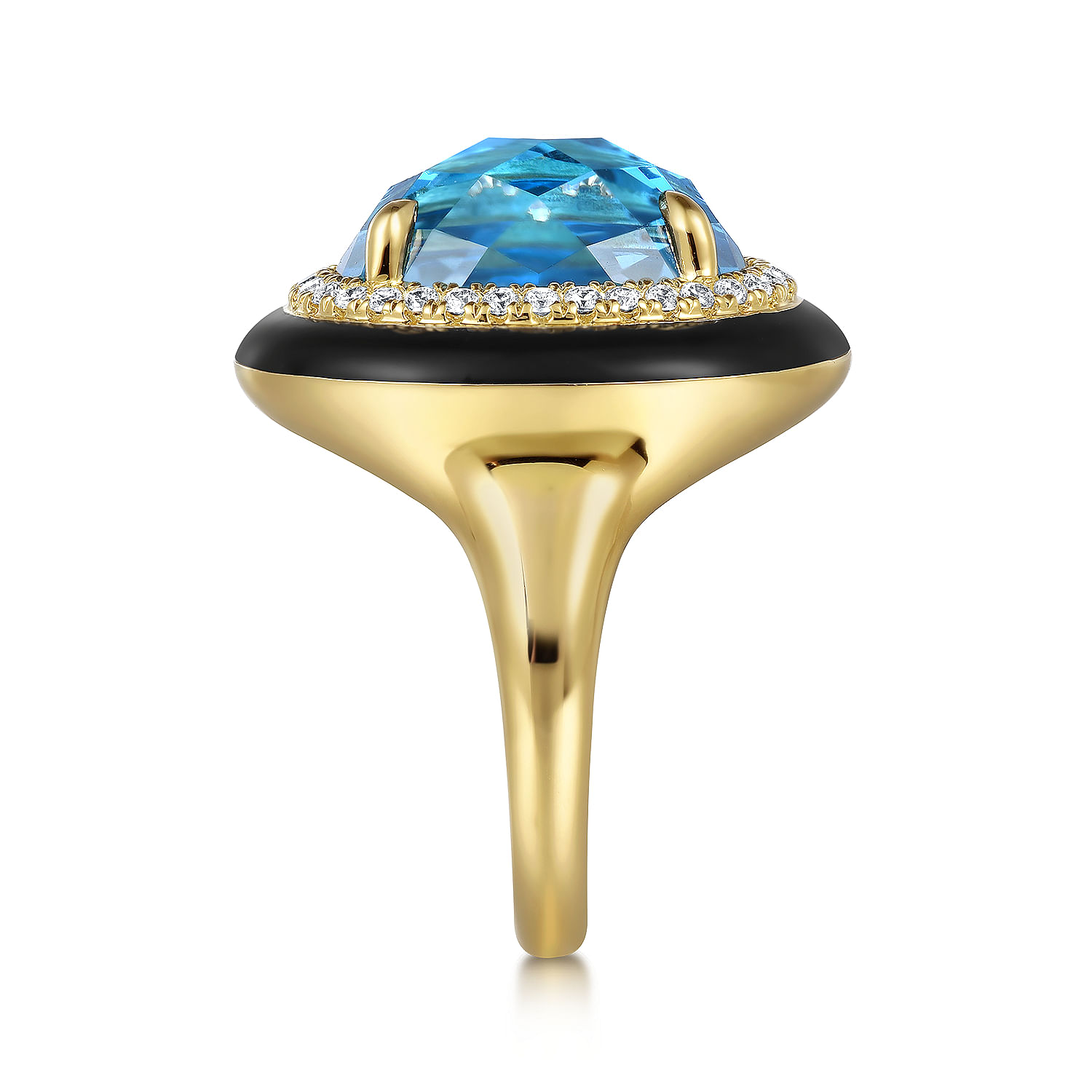 Enamel - 14K Yellow Gold Diamond and Blue Topaz Cocktail Ring with Black Enamel