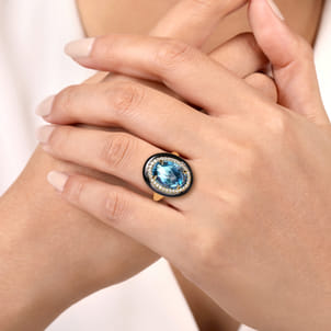 Enamel - 14K Yellow Gold Diamond and Blue Topaz Cocktail Ring with Black Enamel