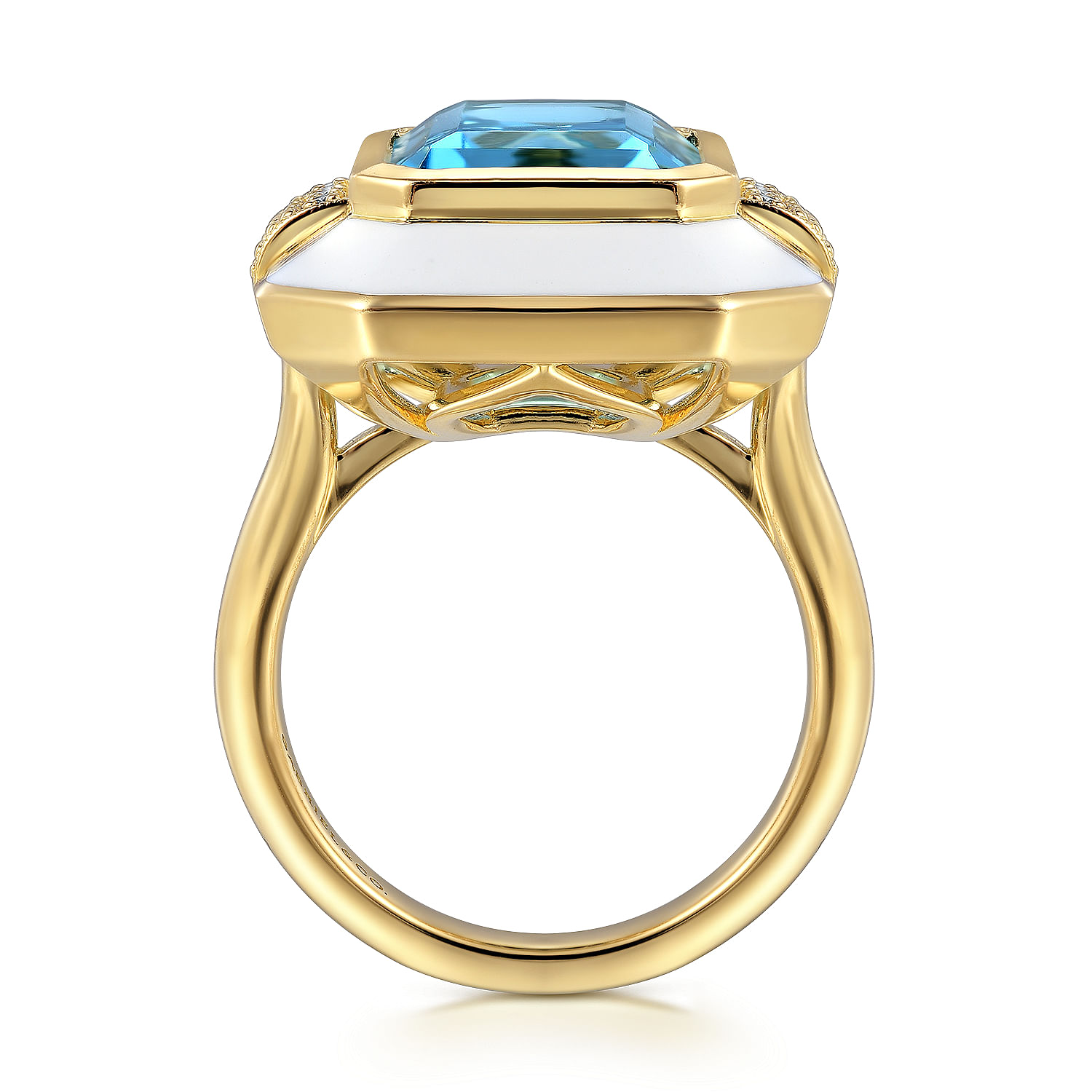 Enamel - 14K Yellow Gold Diamond and Blue Topaz Cocktail Ring with White Enamel - 0.14 ct - Shot 2