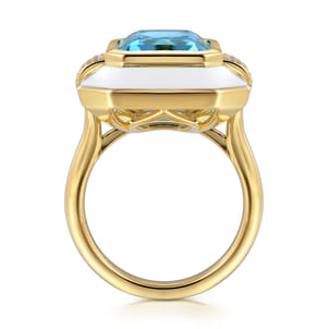 Enamel - 14K Yellow Gold Diamond and Blue Topaz Cocktail Ring with White Enamel