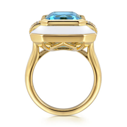 Enamel - 14K Yellow Gold Diamond and Blue Topaz Cocktail Ring with White Enamel