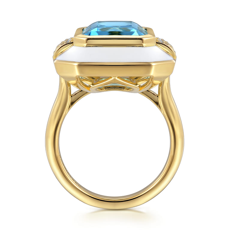 Enamel - 14K Yellow Gold Diamond and Blue Topaz Cocktail Ring with White Enamel - 0.14 ct - Shot 2