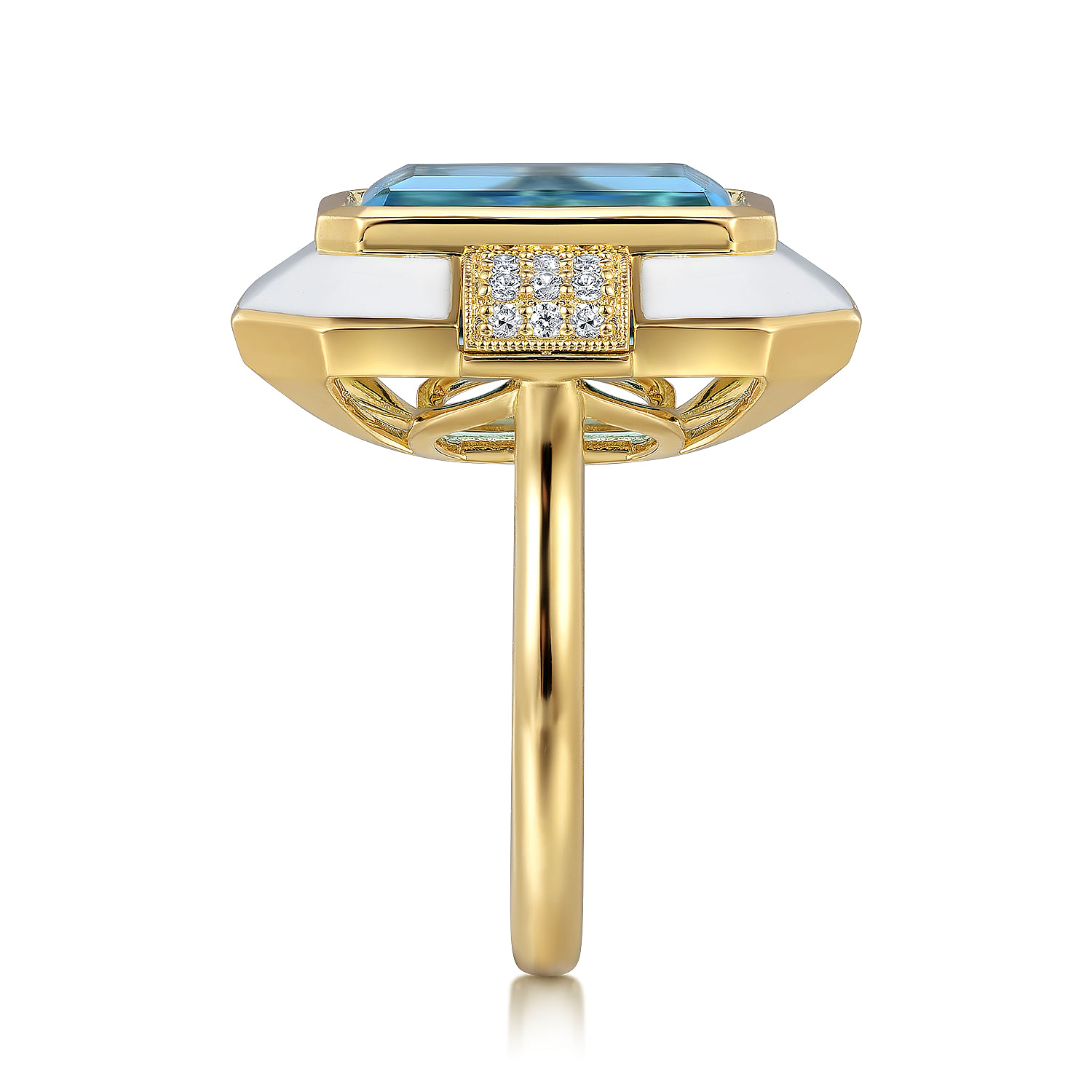 Enamel - 14K Yellow Gold Diamond and Blue Topaz Cocktail Ring with White Enamel - 0.14 ct - Shot 4