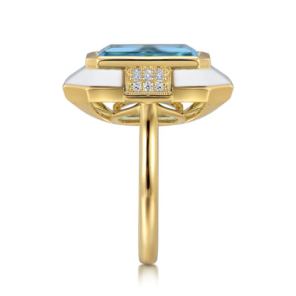 Enamel - 14K Yellow Gold Diamond and Blue Topaz Cocktail Ring with White Enamel