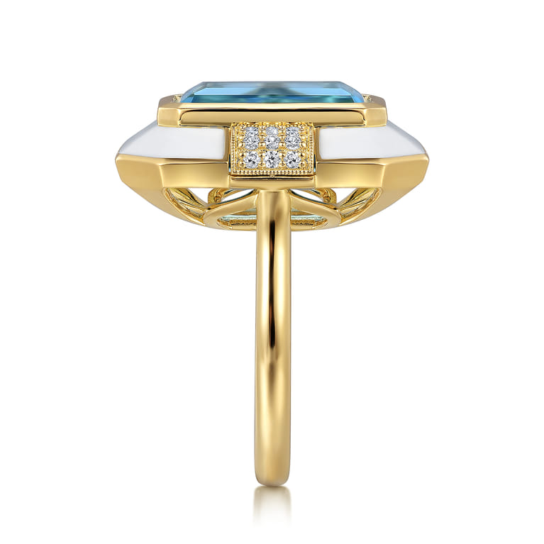 Enamel - 14K Yellow Gold Diamond and Blue Topaz Cocktail Ring with White Enamel - 0.14 ct - Shot 4