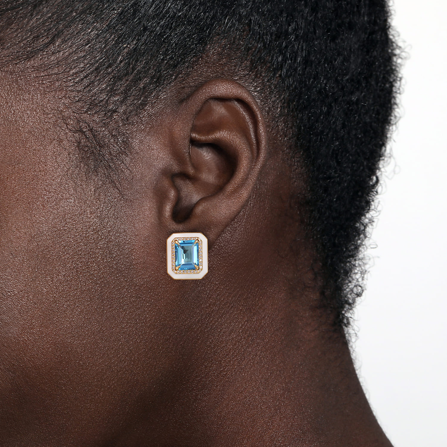Enamel - 14K Yellow Gold Diamond and Blue Topaz Earrings with White Enamel - 0.32 ct - Shot 2