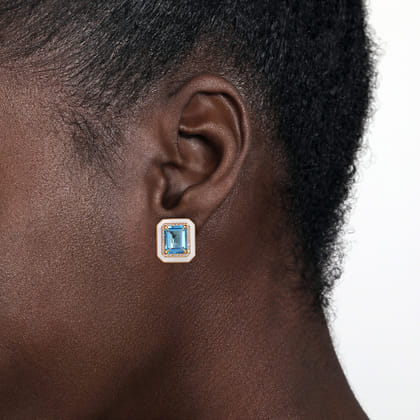 Enamel - 14K Yellow Gold Diamond and Blue Topaz Earrings with White Enamel